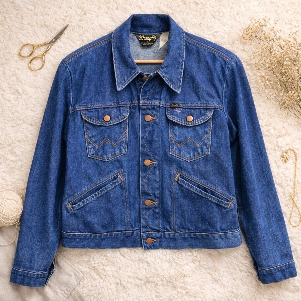 Vintage 70s Wrangler Denim Jacket No Fault Denims USA Made 80s Rugged Western L